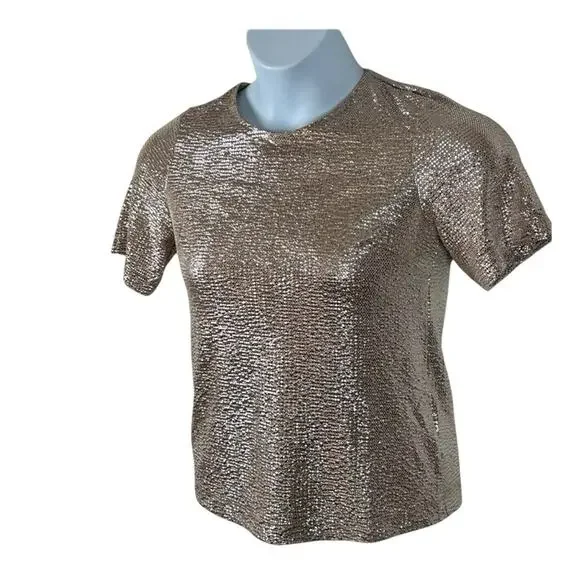 Monteau Champagne Metallic Textured Short Sleeve Top Size Small NWT - Picture 3 of 15